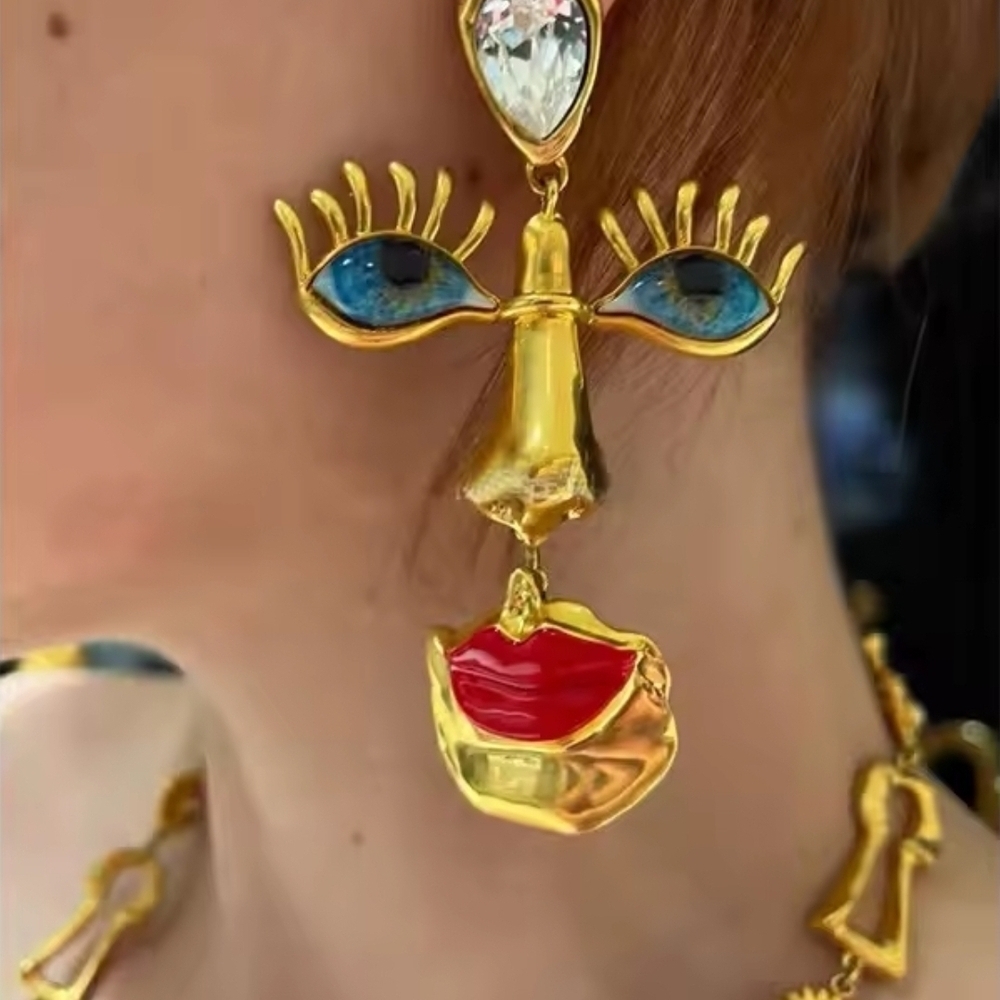 Statement Gold Face Motif Drop Earrings with Blue and Red Enamel - Picture 1 of 4